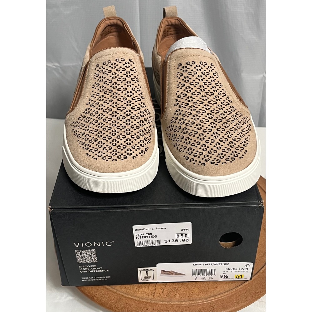 Vionic Kimmie Perf Wheat Suede Slip On Sneakers Tan Laser Cut Flats 9.5M NEW